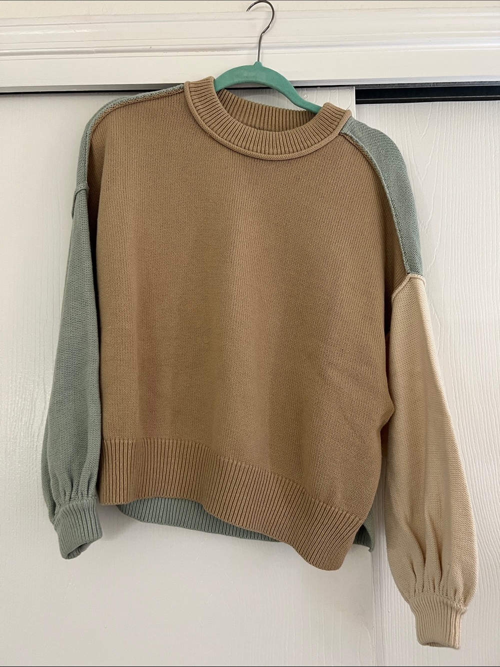 Blu Pepper Tan Body Colorblock Crewneck with Sage & Cream Sleeves